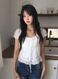 Neron Shirring Frill Ribbon Puff See-through Short Sleeve Blouse