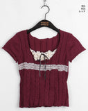 Killlove Vintage Lace Deep U-Neck Crop Short Sleeve Knit