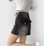 Hip-up Vintage Back Pocket Point Washing H-line Denim Skirt