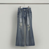 Catbrush Washing Ripped Jeans Semi-Bootcut Denim Pants