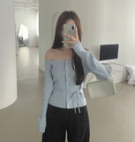 Off-shoulder Ribbed Knit Strap Set Cardigan