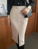 Rive Brushed Herringbone Slit H-Line Skirt (Belt set)