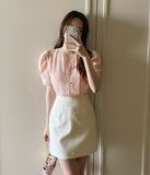 Shawang chiffon color matching shirring short sleeve blouse