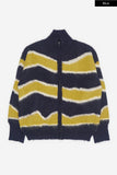 Wavy color block wool zip-up knit