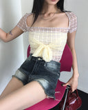 Botte Lace Ribbon Back Slit Checkered Mesh Short Sleeve T-shirt