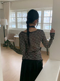 [Scarp set] Feld Checkered See-through Shirring Long Sleeve T-shirt