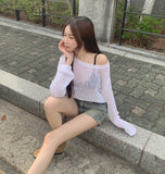 Loose-Fit Boat Neck Mesh Long Sleeve Knit