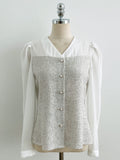 Benilla Color Matching Tweed Tie Blouse