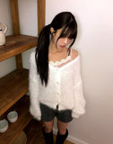 Heri Pine Leaf Balloon Angora V-Neck Loose Knit Fur Cardigan