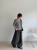 Igets Square Neck Check Short Sleeve Blouse