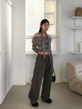 Ritun brushed cargo pocket banding cotton long wide pants