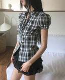 Devon V-neck Check Frill Blouse