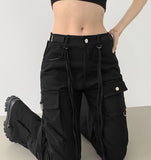 Waist Strap Low Waist Pocket Shirring Pin Tuck Wide Bootcut Pants
