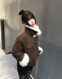 Dune Suede Quilted Buckle High Neck Fur Jacket