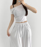 One Off-Shoulder T-shirt Two Pin Tuck Maxi Wide Pants Two Piece Set