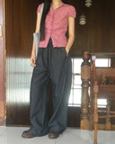 Trin Check Shirring Puff Blouse