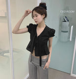 Petite Tie Puff Sleeve Crop Short Sleeve Blouse