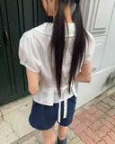 Jenny Round Collar Pin Tuck Lace Puff Short Sleeve Blouse