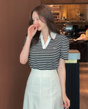 Heden Open Collar Stripe Puff Short Sleeve T-shirt