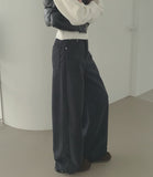 Bonding Brushed Corduroy Hem Snap Wide Balloon Banding Pants