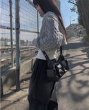 Ile black blue pleated denim pants