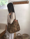 Beaded Leopard Leather Tech Big Cotton Shoulder Bag