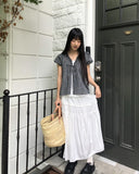 Hichu Stripe Frill Lace Ribbon Short Sleeve Blouse