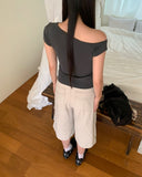 Az Pigment Washing Unbalanced One Off-Shoulder Button Short Sleeve T-shirt