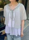Duco Summer Crop Ribbon Hood Short Sleeve Cardigan