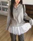 Chocoop dot collar button long sleeve T-shirt