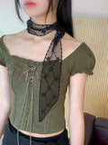 Tabl Green Corset Two-Way Off-Shoulder Short-Sleeve Blouse