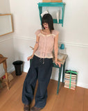 Kyohi Ribbon Pintuck Lace Short Sleeve Blouse