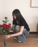 Binden side pin tuck back pocket wide denim pants