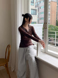 Toot lace layered button ribbed long sleeve knit