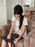 Hanami Lace U-neck Button Short Sleeve Tee