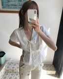Enne Dot Ribbon Pintuck Blouse