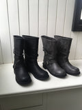 Two-Buckle Shirred Biker Boots