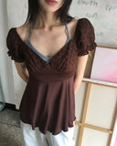 Kiaco Heart Neck Puff Ribbon Punching Short Sleeve Blouse
