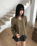[muffler set] Tur no-collar V-neck button long-sleeved jacket