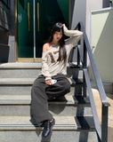 Elune Number Printed One-Off-Shoulder See-Through Long-Sleeve Knit