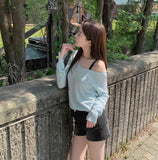 Feminine V-Neck Sleeve Slit See-Through Long Sleeve Knit