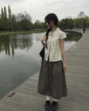 Lambs Button Collar Shirred Puff Blouse Shirt