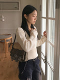 Claim Deep U-Neck Flower Slim Long Sleeve Knit