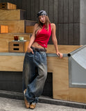 Late Back Leather Pocket Denim Pants