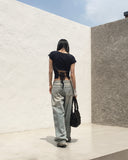 Dessa Back Slit Ribbon Ribbed U-Neck Short Sleeve T-Shirt