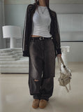cross damage banding denim pants