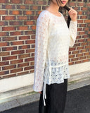Ui punching ribbon strap round neck see-through long-sleeved knit