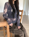 Dubi Flower Mesh See-through Long Sleeve T-shirt