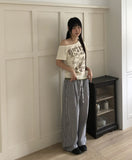 Kaea check color matching frill banding wide pants
