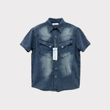 [Muscle Fit] Western Denim Linen Shirt